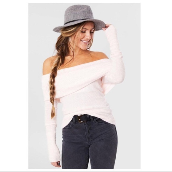 FREE PEOPLE SWEATER BOHO PULLOVER COZY OFF THE SHOULDERS BLUSH PINK TOP A3C - Picture 6 of 16